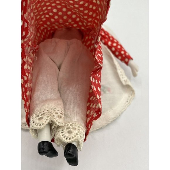 Porcelain Victorian Girl Doll Embroidered Red White Polka Dotted Dress Bonnet - Picture 11 of 15